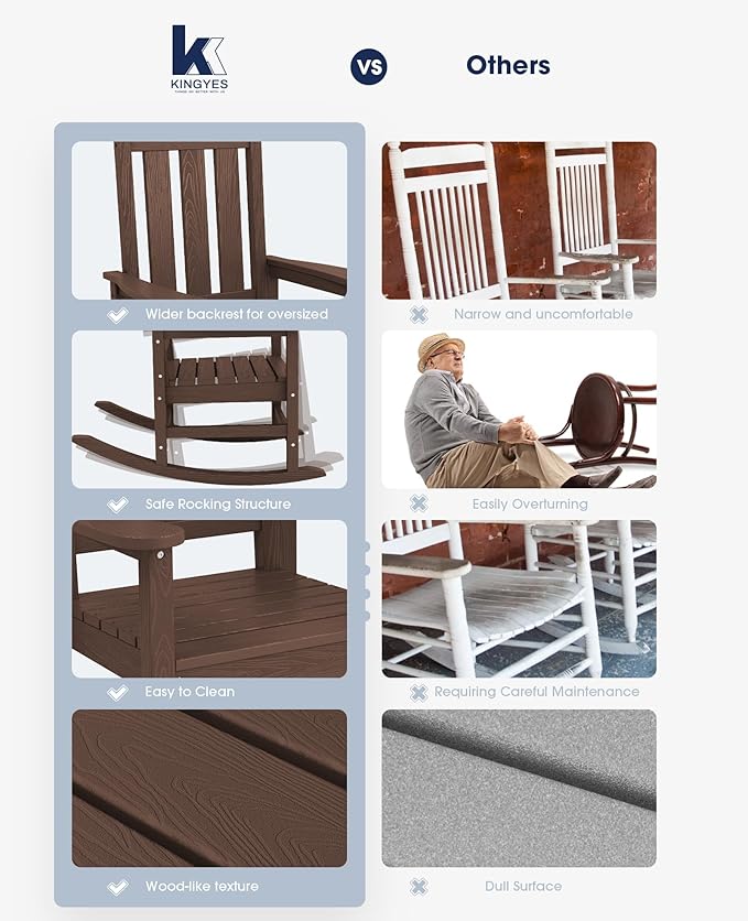 KINGYES Outdoor Rocking Chair, All-Weather Patio Rocking Chairs for Porch, HDPE Rocking Outdoor Chairs with High Back for Adult, Heavy Duty Outdoor Patio Rockers for Garden, Lawn, Coffee