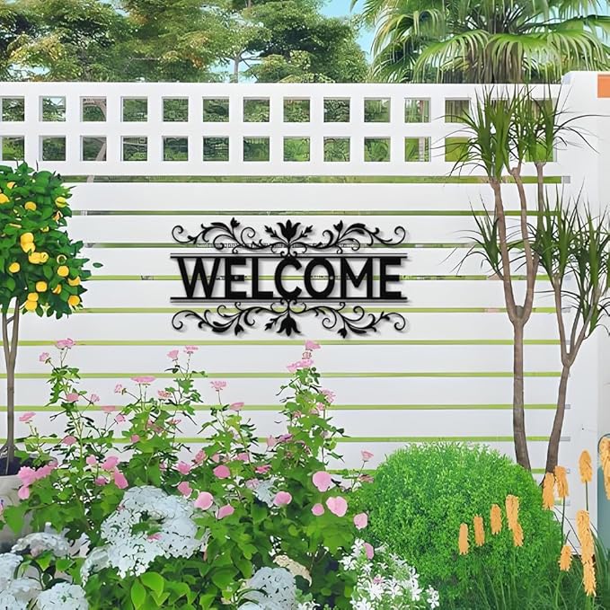 Metal Welcome Signs for Front Door- Elegant Black Metal Letter Wall Decor, Welcome Door Sign Wall Hanging Decors for Front Porch/Living Room/Kitchen/Office, Waterproof Outdoor Garden Fence Art Sign