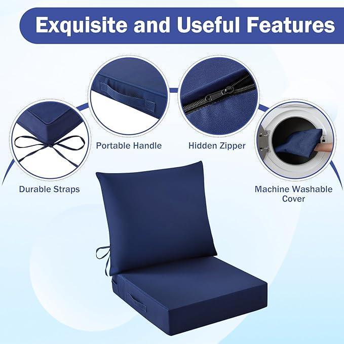 Outdoor Seat Cushion Set, Waterproof & Fade Resistant Patio Chair Cushions, Outdoors Cushion for Patio Furniture, 24 x 24 x 4 Inch, Outdoor Couch Cushions with Handle and Ties, Navy Blue