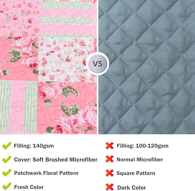 Cmfshape Floral Bedspread with 1 Pillow sham-Twin Size,Patchwork Pink Quilt Set 2 Piece,Summer Quilt for Girls Women,Lightweight Reversible Bed Coverlet for All Seasons(Twin68 x86 Pink)