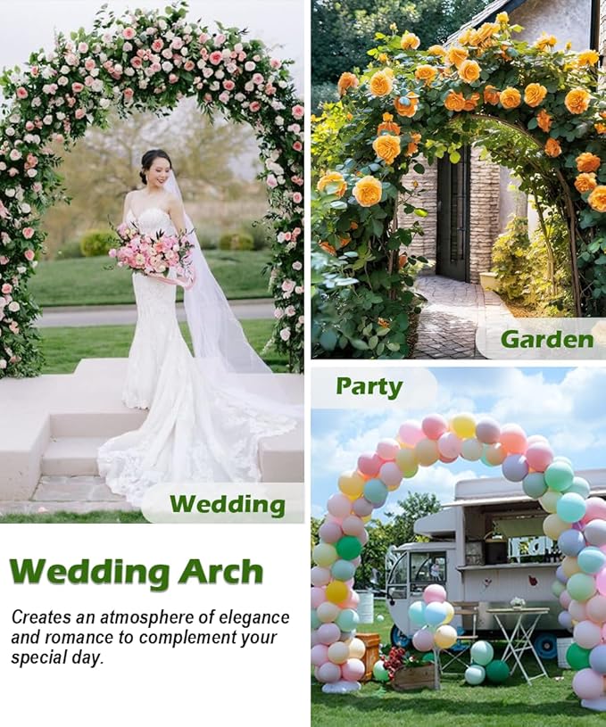 Queension Metal Wedding Arch for Ceremony Party Decoration 7Ft Wide 7.7Ft High,Garden Arch Trellis with Ground Bases for Climbing Plants,Outdoor Garden Arbor for Roses Vines, Round Frame, Gold