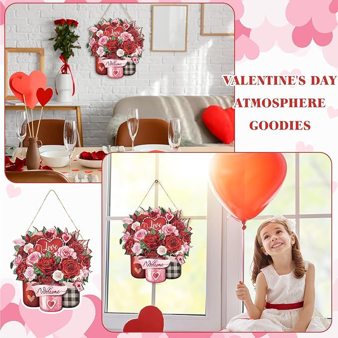 Boao Welcome Valentine's Day Wooden Hanging Sign Farmhouse Door Decor Valentine's Day Wood Love Rose Door Sign Rustic Wall Plaque Ornaments for Window Wall Porch Decorations