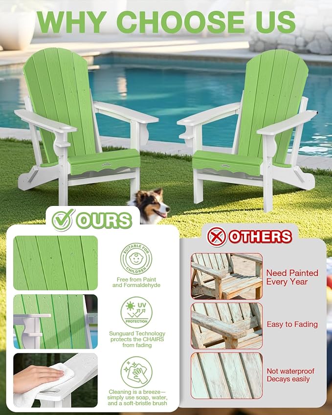 Folding Adirondack Chair –Recyclable HDPE Outdoor Adirondack Patio Chair with Cup Holder, Wood Texture & Umbrella Hole, 25-Year Fade-Free All Weather for Fire Pit, Porch, Poolside, Deck, Lime & White