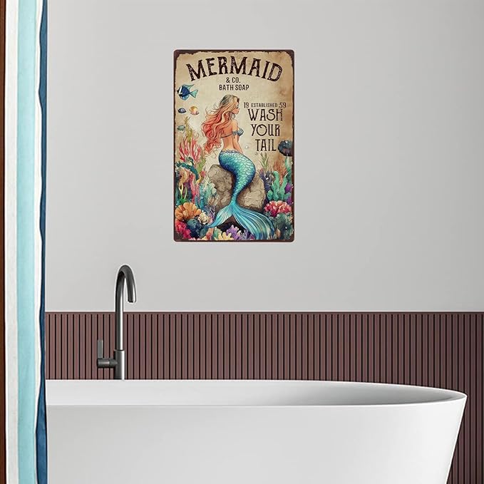 Vintage Tin Sign Mermaid And Co Bath Soap Wash Your Tail Metal Signs Funny Wall Decor for Bathroom Toilet Home Bar Cafe 12×8 Inch