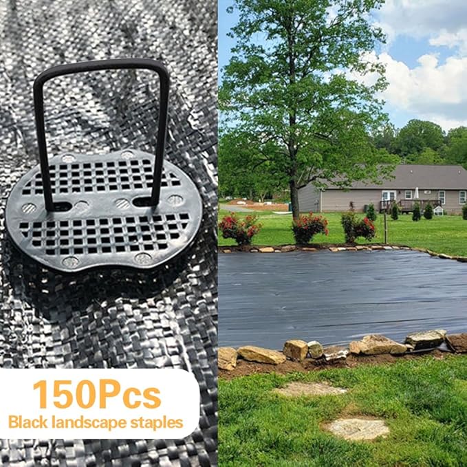 Bakulyor 150pcs Black Landscape Staples + 150pcs Buffer Washer, 6 Inch 11 Gauge Garden Stakes Staples, U Shaped Galvanized Lawn Pins Heavy Duty Yard Ground Pin for Weed Barrier Sod Fabric Decorations