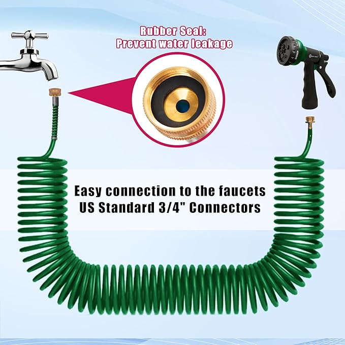 AUTOMAN Coil Garden Hose 50 ft, EVA Curly Water Hose with Brass Connectors, Recoil Garden Water Hose,Includes 7-Pattern Function Sprayer,Retractable,Corrosion Resistant Garden Coil Hose.