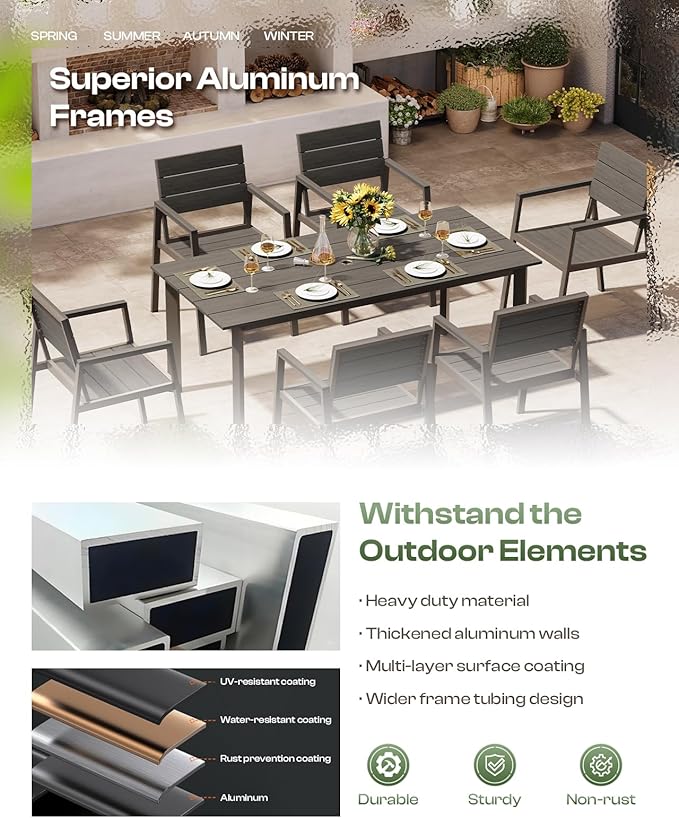 Outdoor Dining Set for 4, Patio Table and Chairs Set with Umbrella Hole, 5 Pieces HDPS + Aluminum Outdoor Furniture Sets for Patio, Garden (Charcoal)