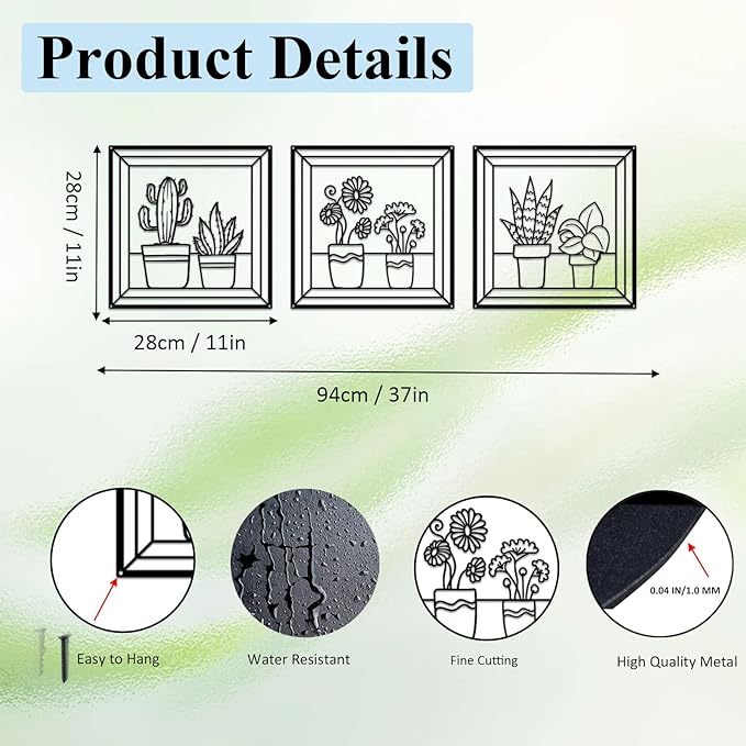 DUOOLN Metal Flowers Wall Art Decor,3Pcs Minimalism Flower in Vase Hanging Iron Hanging Picture, Modern Plant Potted Wall Sculpture Sign,Home Bedroom Bathroom Outdoor Indoor Kitchen Decoration-Black