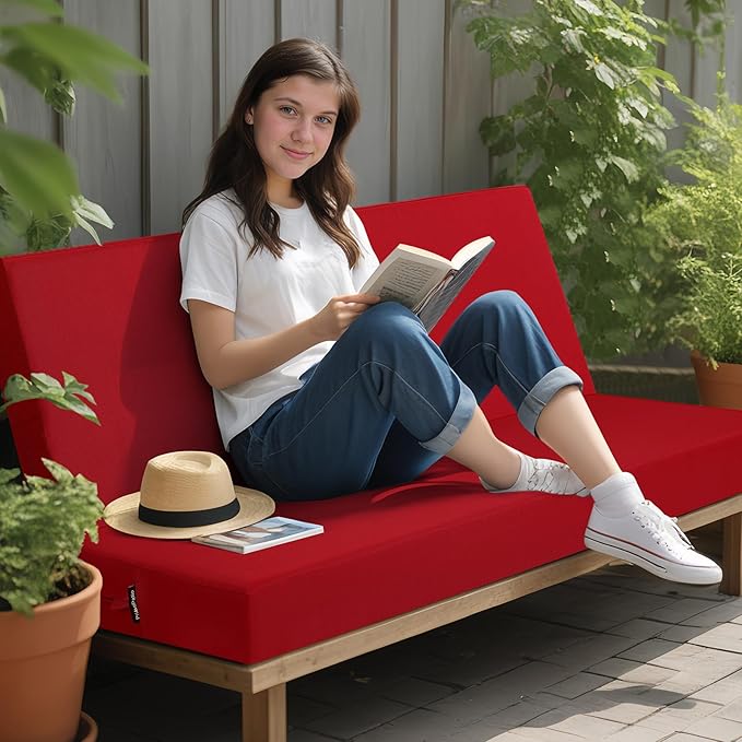 idee-home Outdoor Bench Cushion Waterproof, Bench Cushions for Outdoor Furniture, Patio Porch Swing Replacement Seat Pad with Ties for Garden Backyard, 59 x 18 Inch Red