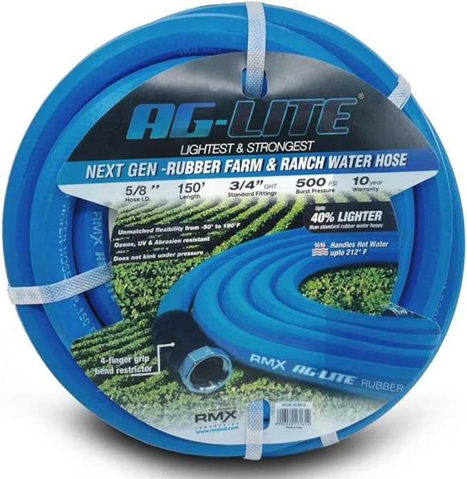 AG-LITE AL58150 5/8" x 150' Rubber Farm & Ranch Water Hose, Lightweight, 500 PSI, -50°F to 190°F, Polyester Braided, Brass GHT Fittings, 4 Finger-Grip Bend Restrictor, Agriculture & Industrial Use