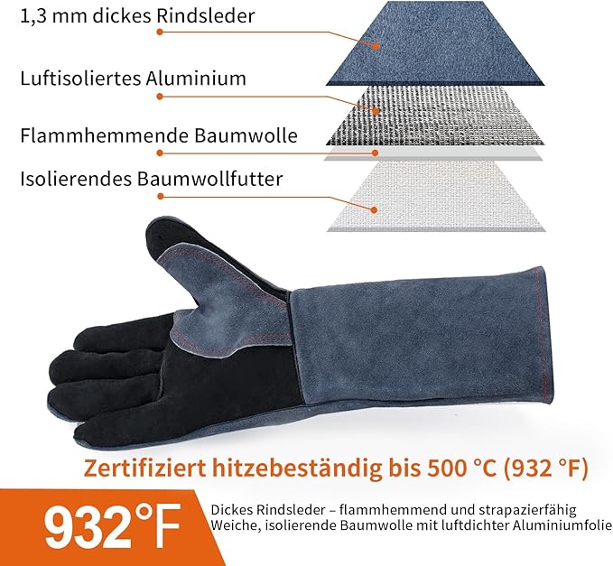 H HZXVOGEN Welding Gloves Fireplace Gloves Fire Heat Resistant 932℉ Fireproof Leather Mitts for Stove BBQ Grill Oven MIG TIG