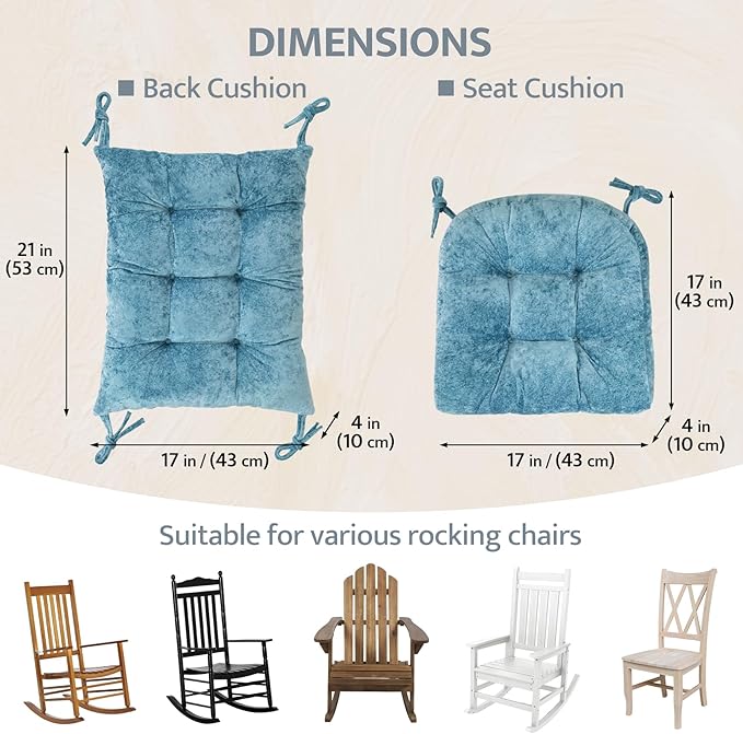 mudilun Rocking Chair Cushion Set - Non-Slip Tufted Rocking Chair Cushions with Ties Soft Indoor/Outdoor Wooden Rocking Chair Seat Pad for Porch Garden Cafe & Nursing