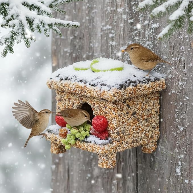 Seeded Birdhouse for Outside with Fruit, Wooden Bird House for Wren, Finch, Bluebird,Cardinal, Hanging Seeded Birdfeeder, Bird Seeds Decorated Weather Proof, More Fun Birding (Villa)