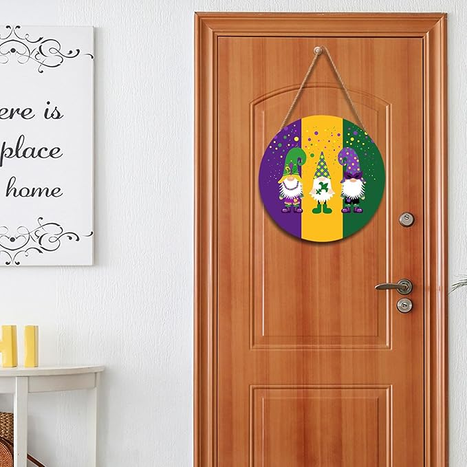 Mardi Gras Gnomes Door Sign For Front Door Decor,Purple Yellow Green Dot Wooden Sign 12"x 12" Round Wood Hanging Door Sign Decoration for Wall Rustic Farmhouse Decor
