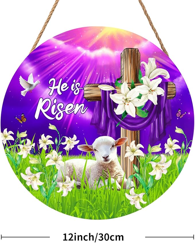 He is Risen Easter Religious Cross Purple Door Sign For Front Door Decor,Christian Lily Flowers Lamb Wooden Sign 12"x 12" Round Spring Sunrise Hanging Door Sign Decoration for Wall Rustic Decor