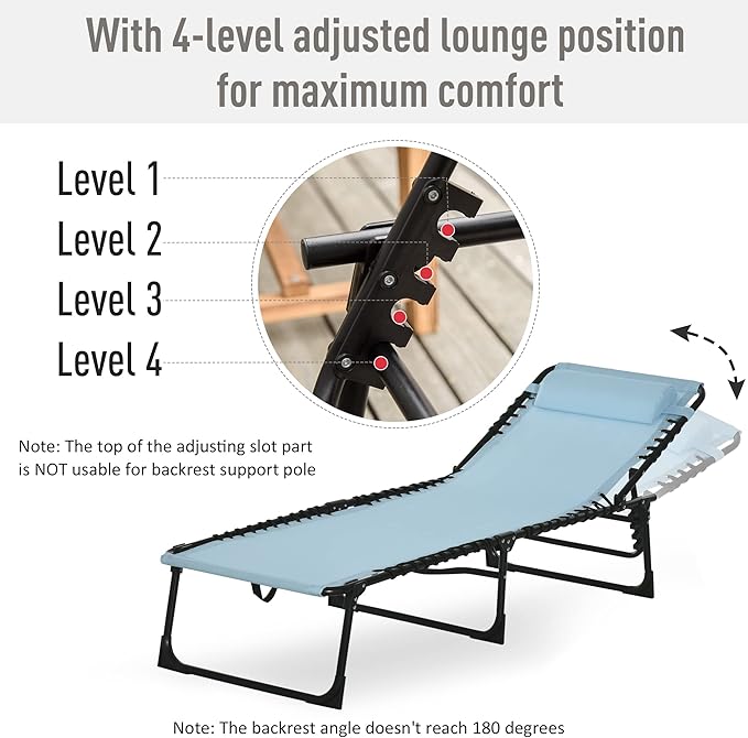 Outsunny Folding Chaise Lounge Chair, Patio Sun Tanning Chair, Outdoor Chaise Lounger with 4-Position Reclining Back, Breathable Mesh Seat for Beach, Poolside, Yard, Baby Blue