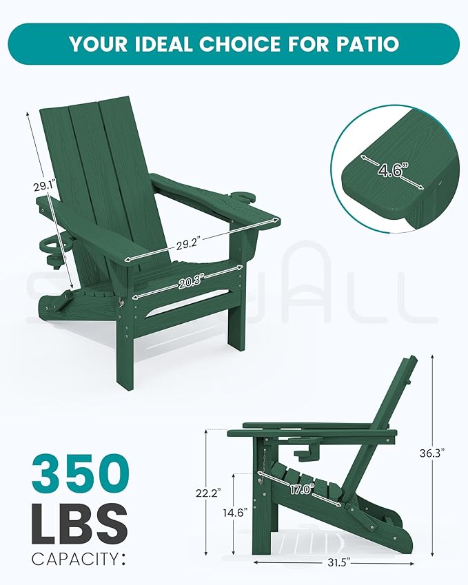SERWALL Modern Adirondack Chair, Folding Adirondack Chair with Dual Cup Holders, Outdoor HDPE Fire Pit Chair for All Weather Use, Green