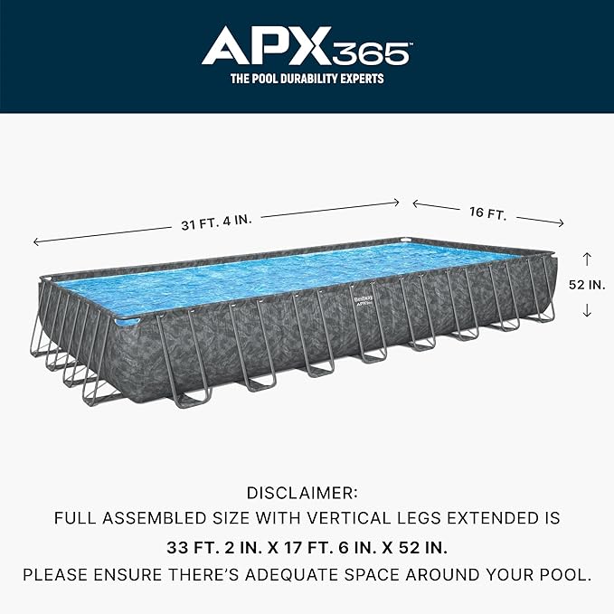 Bestway APX 365 31’4" x 16' x 52” Above Ground Pool, Rectangular Metal Frame Outdoor Swimming Pool Set with Sand Filter Pump, Ladder, and Cover, Dark Marble