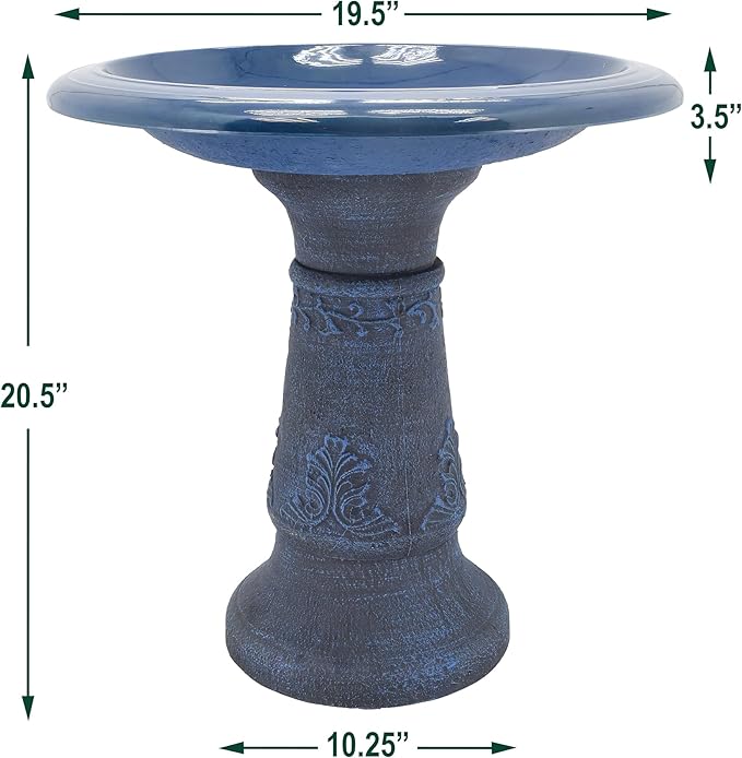 Arcadia Garden Products Fiberclay Bird Bath Outdoor Garden Decor, Antique Vintage Weather Resistant Water Bowl for Backyard and Patio and, 20-inch Tall, Blue
