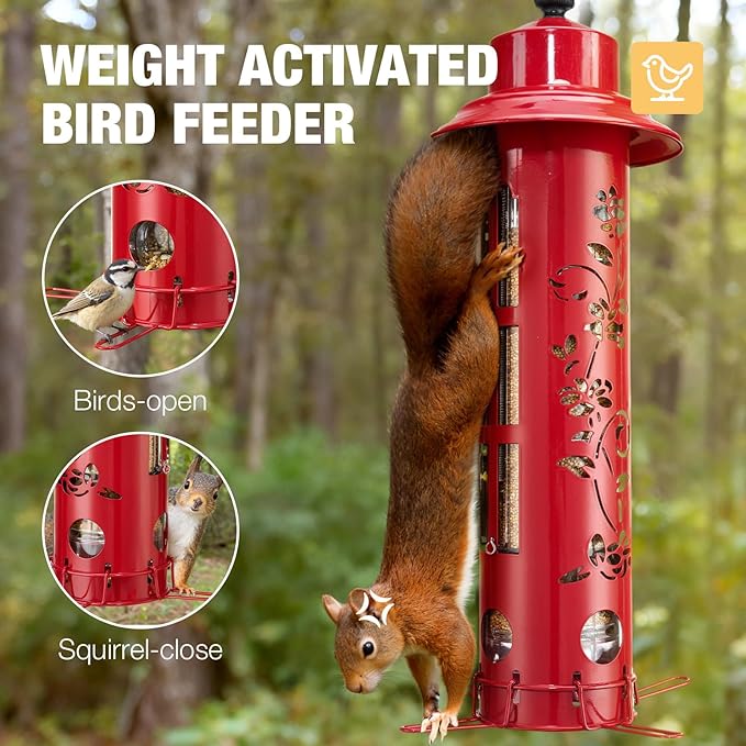 Veehoo Squirrel Proof Bird Feeder for Outdoors, Hanging Wild Bird Feeder Anti Squirrel with Weight-Activated Perches, Metal Cardinal Finch Feeder Outside Decorative for Thistle and Mixed Seed, Red