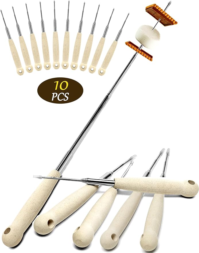 Marshmallow Roasting Sticks Set of 10-32 Inch Extendable Smores Sticks for Fire Pit Long, Telescoping Camping Skewers for Smores Kit, Hot Dog Sticks for Campfire Bonfire Party Supplies