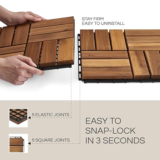 10 Pcs Deck Tiles, Patio Flooring - Outdoor Waterproof Acacia Wood Tiles for All Weather Use - Balcony, Backyard, Indoor & Outdoor (Golden Teak Crossed Pattern, 10 Square Ft)