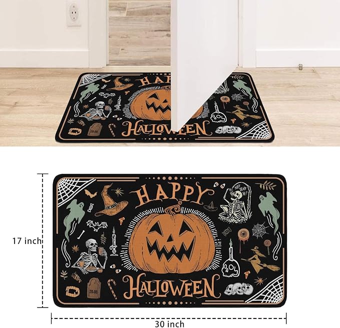 Halloween Decor Welcome Door Mat,Funny Skeleton Pumpkin Home Decoration Non-Slip Indoor Outdoor Front Doormats Rug 17 x 30 Inch