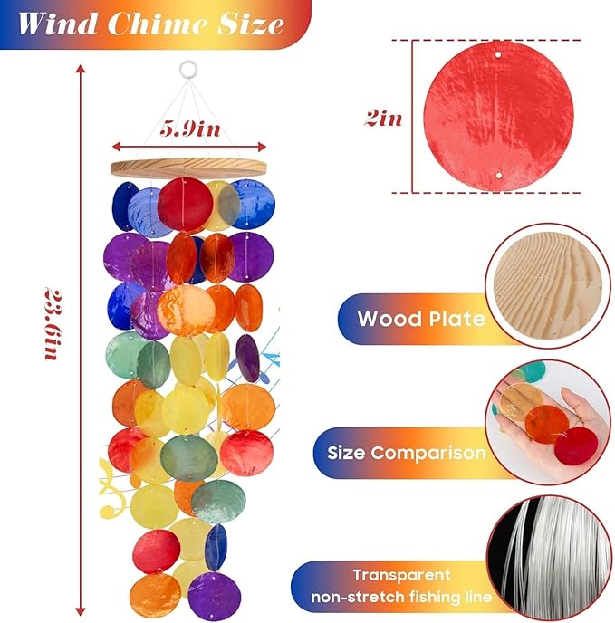 Handcrafted Shell Wind Chime - 20 Inch Rainbow Light Colorful Sea Glass Wind Chimes for Outside, Indoor Garden Coastal Decor, Wind Chimes for Outside Clearance Great Gift, Nature Lovers