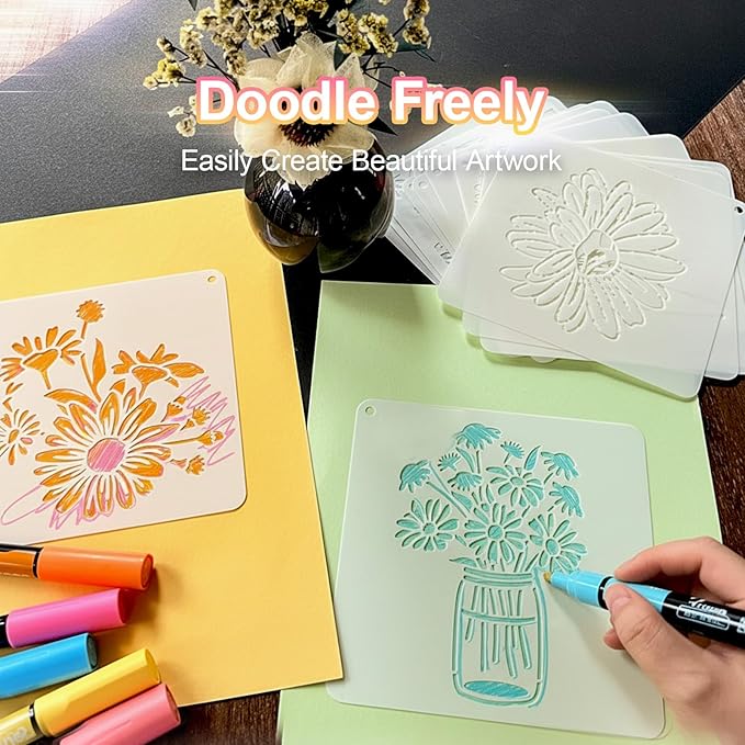 25 PCS Daisy Stencils for Painting, Stencils for Crafts Reusable 6 x 6 Inch Floral Quote Templates for Wood Signs Journals Cards and Cheerful Decor
