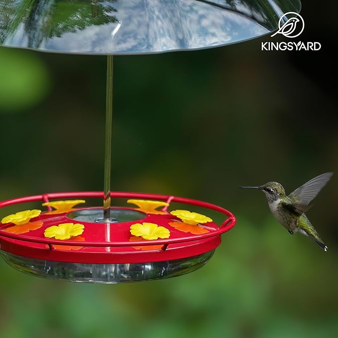 Kingsyard Weatherproof Hummingbird Feeder for Outdoors Hanging - Heavy Duty Metal lid with 6 Bee Guard Feeding Ports & Circular Perch, Built-in Ant Moat, Easy to Refill & Clean (12oz/Red)