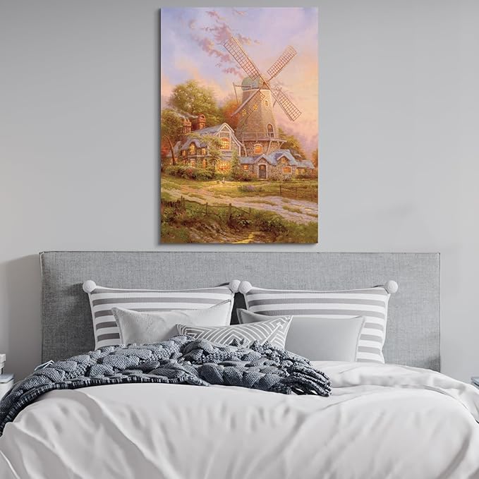 STUDIO HAVEN Thomas Kinkade Canvas Wall Art, Stone Country Home Glowing Windows Lush Gardens Oil Painting Fairytale Poster Charming Rural Wall Decor, Framed Prints for Home Decor, 28x40Inch