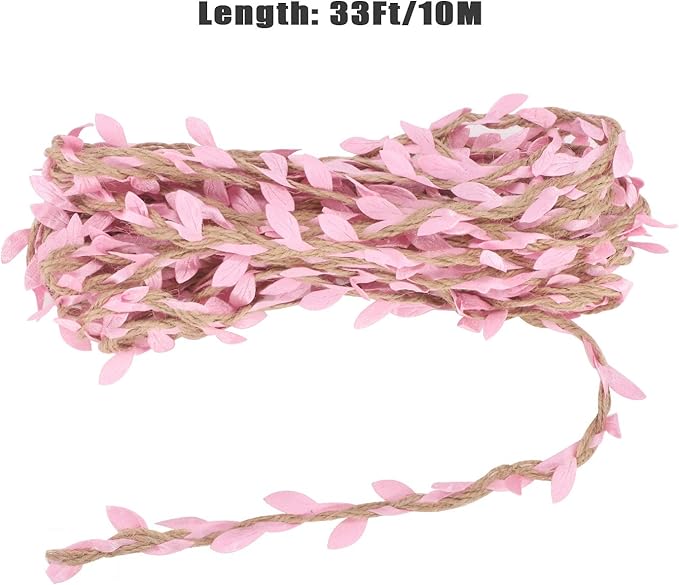 Soleebee 33 Feet 11 Yards Natural Hemp Jute Twine Burlap Leaf Trim Ribbon, Perfect Decorated Vine for DIY Craft Party Wedding Home Garden Decoration (Pink)