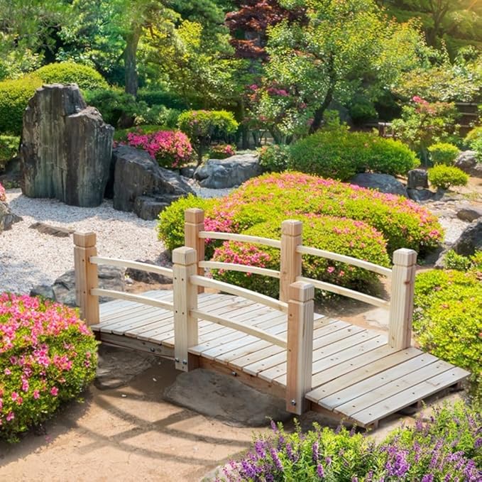 5 ft Garden Bridge Outdoor Wood Landscape Bridge Wooden Arch with Safety Rails Garden Bridge Arc Footbridge Bearing 400 lbs for Outdoor Garden Yard Backyard