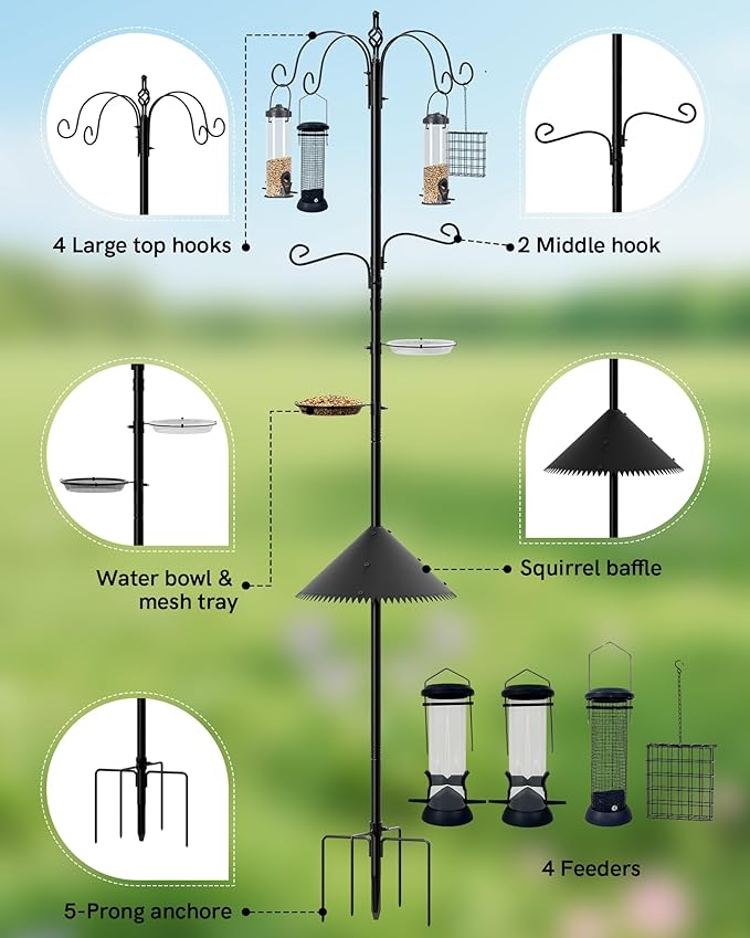 Bird Feeding Station, 94 Inch Wild Bird Feeders Pole with Wide Squirrel Baffle, 6-Hook, 4 Feeders, Water and Mesh Tray Humming Bird Feeders Stand for Outdoors Courtyards Gardens