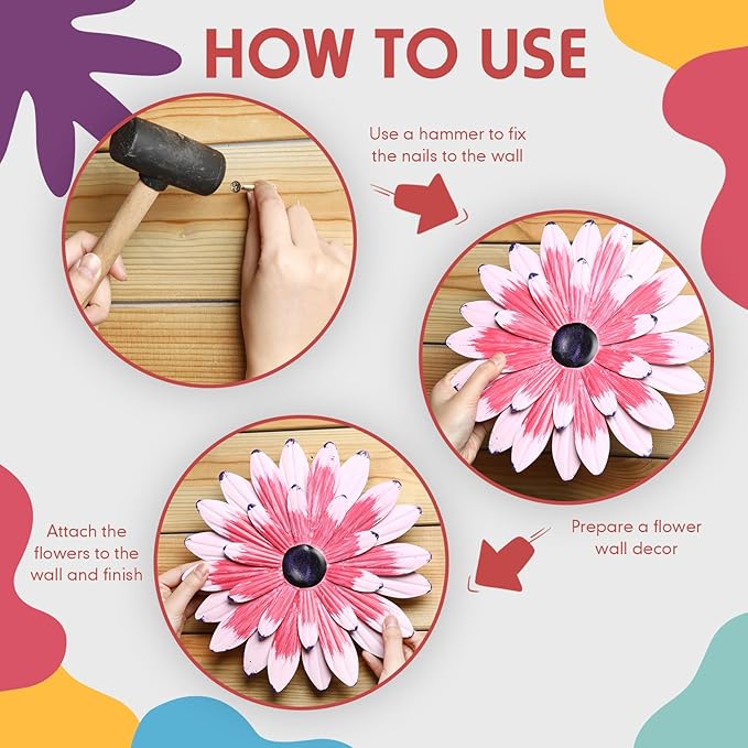 Zhehao 6 Pcs Metal Flower Wall Art Decor 10 Inch Sunflower Wall Decorations Hanging Outdoor Art Multicolored Handmade Metal Flowers Outdoor Decor(Cute Color)