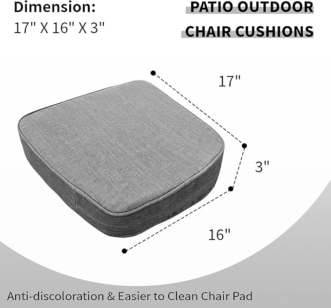 17"x 16"x 3" Patio Chair Cushions Set of 2, Waterproof Outdoor Chair Cushions, Patio Seat Cushion with Adjustable Ties, Light Grey