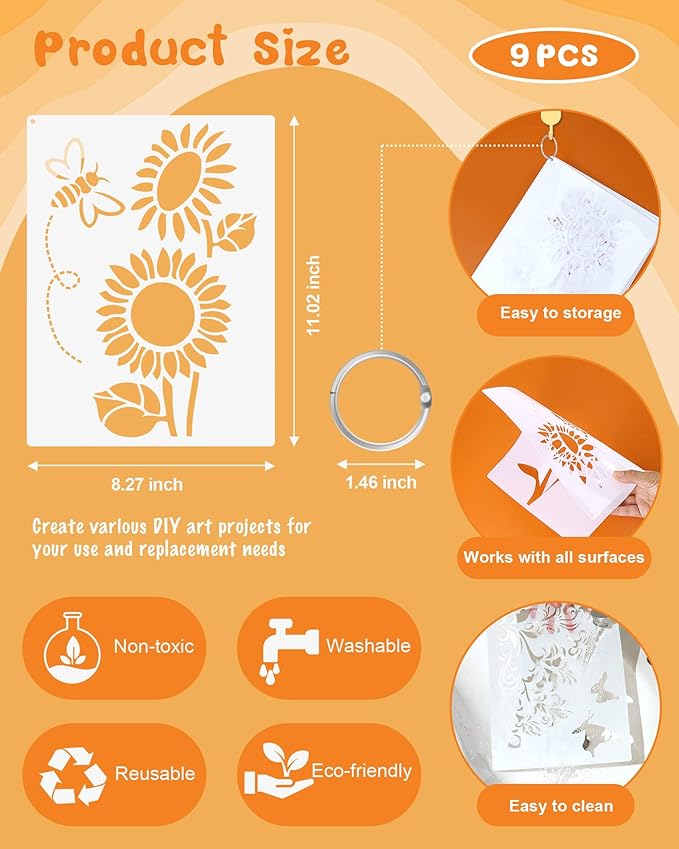 9PCS Sunflower Butterflies Stencils, Reusable PET Sun Flower Template, DIY Craft Paint Stencil with Metal Open Ring, for Painting on Wood Canvas Paper Fabric Wall Furniture, 8x11 Inches