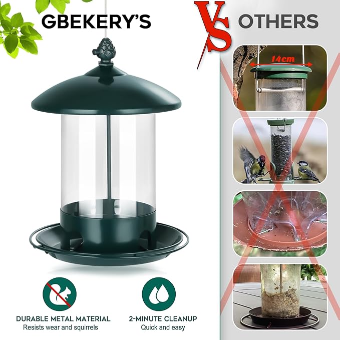 Metal Bird Feeders for Outdoors Hanging, Weather Resistant Wild Bird Feeder with 360 Degree Feeding Tray, Green, 2 Pack