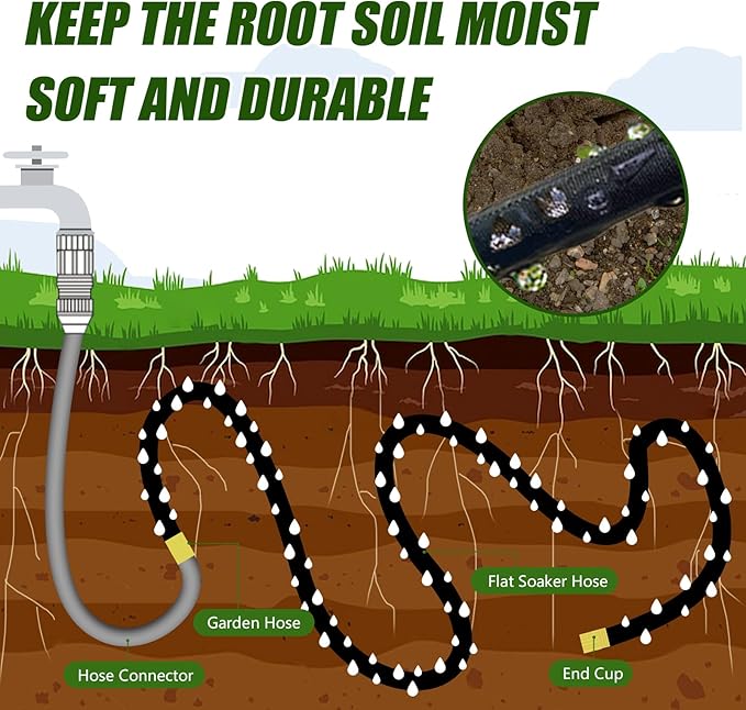 Flat Soaker Hose 25ft, Heavy Duty Double Layer Design, Drip Irrigation Hose Saves 80% Water, Leak Proof Sprinkler Hose For Lawn, Flower Bed, Vegetable Field