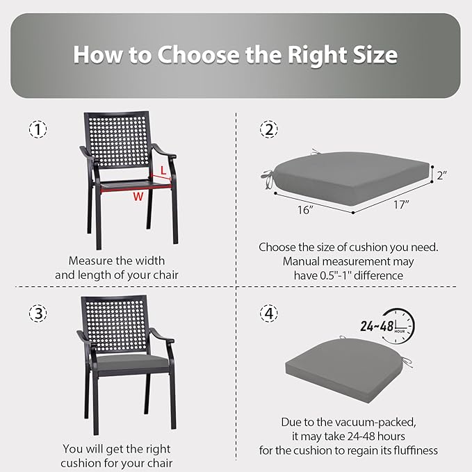 Outdoor Chair Cushions Set of 4, 17 x 16 Inch Patio Chair Cushions for Outdoor Furniture, Water Resistant, Non-Slip Ties (Light Grey)