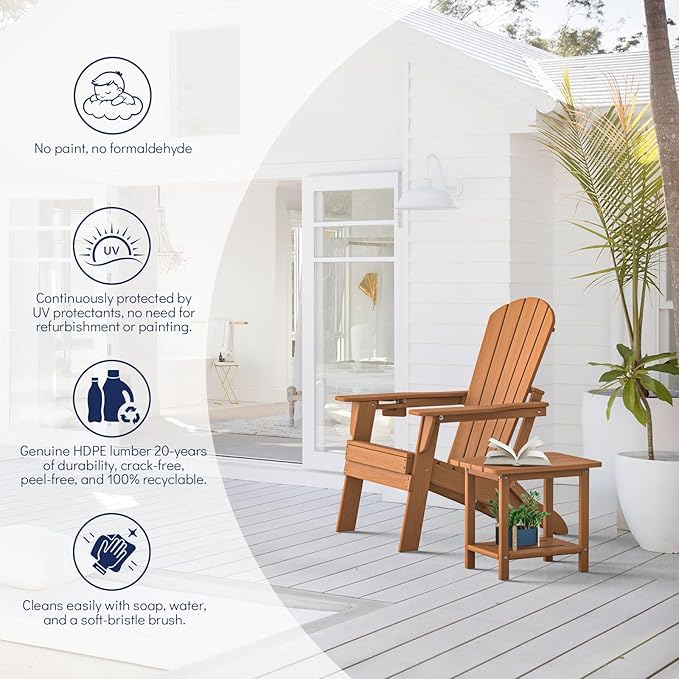 Plawdlik Folding Adirondack Chair Set of 6 with Cup Holder，Wooden Textured ，Heavy All-Weather HDPE Comfortable Set Poolside Backyard Lawn, Teak