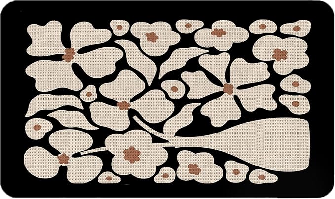 Boho Beige and Black Floral Door Mat - Bohemian Neutral Floral Front Door Welcome Mats Outdoor Entrance, 17x30 Rug