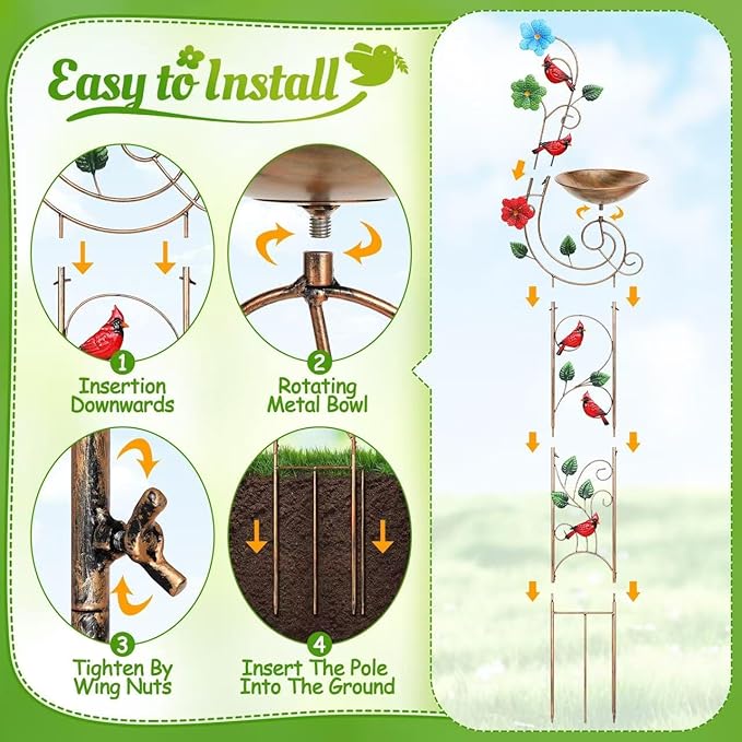 Bird Baths with Trellis for Climbing Plants Outdoor, Small Garden Plant Trellis, Metal Birdbath Birdfeeder Bird Water Feeder with Iron Bowl, Antique Plant Support Structures (Redbird)