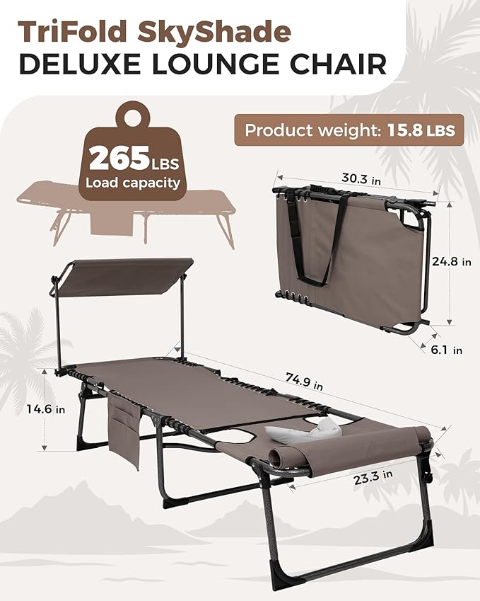 KingCamp 2 Pack Tanning Chair with Face Hole, Lounge Chairs Outdoor Folding Comfy Adjustable 5-Position Foldable Chaise Chaser with Canopy Shade for Outside Beach Patio Sun Bathing, Beige