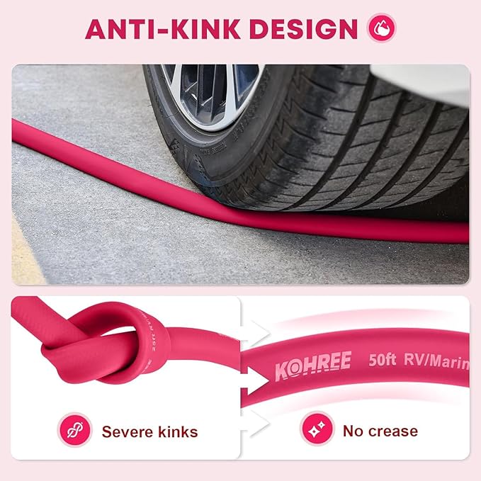 Kohree 50 FT RV Water Hose with Storage Bag, 5/8'' Premium Drinking Water Hose, Leak-free, No Odor, Anti-Kink and Flexible Garden Hose for RV, Camper, Truck, Car - Pink