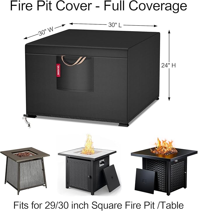 QH.HOME [2026 Upgraded 900D Fabric] Fire Pit Cover for Fire Pit, Super Waterproof fit for Propane Fire Pit Table , Square 30''Lx 30''Wx 24"H -Black