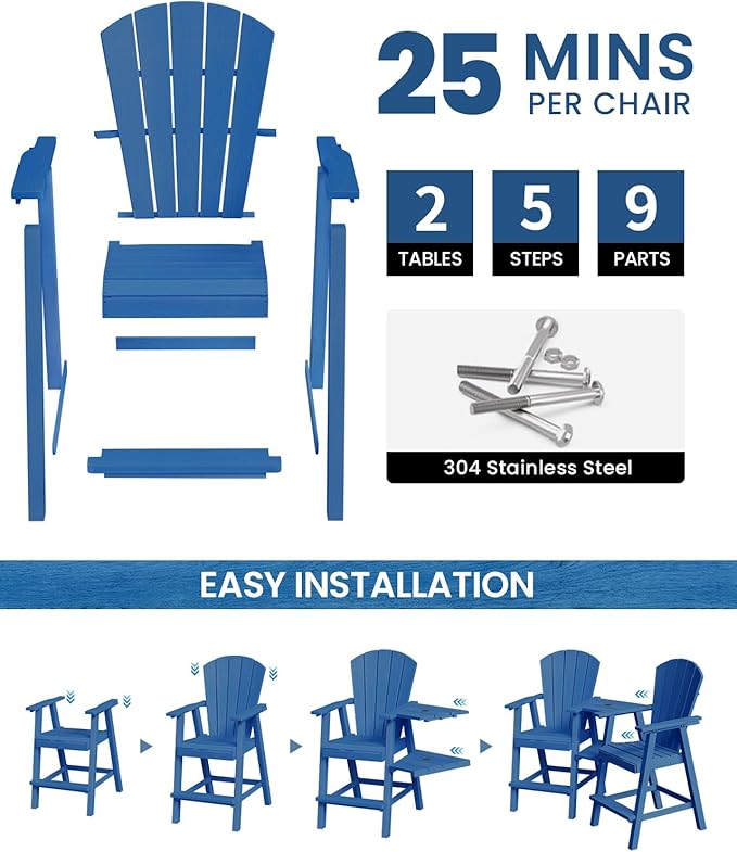 Ciokea Tall Adirondack Chairs Set of 4, HDPE Outdoor Adirondack Bar Stools with Double Connecting Tray, Weather Resistant High Back Adirondack Balcony Chairs for Deck, Lawn, Pool, Backyard, Navy Blue