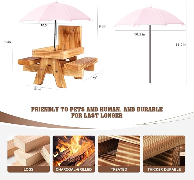 Gnodary Squirrel Feeder with Umbrella, Squirrel Feeders for Outside, Squirrel Picnic Table Feeder - Chipmunk Feeder Hold Corn, Corn Cob, Peanuts (Light Pink)