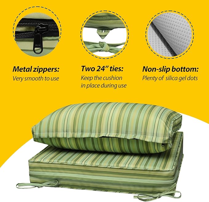 AAAAAcessories Outdoor Seat Cushions for Chairs, Fade-Resistant, Waterproof Patio Furniture Replacement Cushions, 23.5" x 25.5" x 5" + 23.5" x 13.5", Mossy Forest Stripe