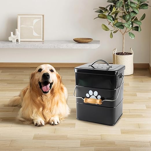 Dog Poop Trash Can Outside,1.58 Gallon Waterproof Metal Waste Bin with Lid,Small Portable Outdoor Bucket for Pet Disposal,Garbage Trashcan with 75 Bags,Suitable for Odor Control in Patio and Backyard